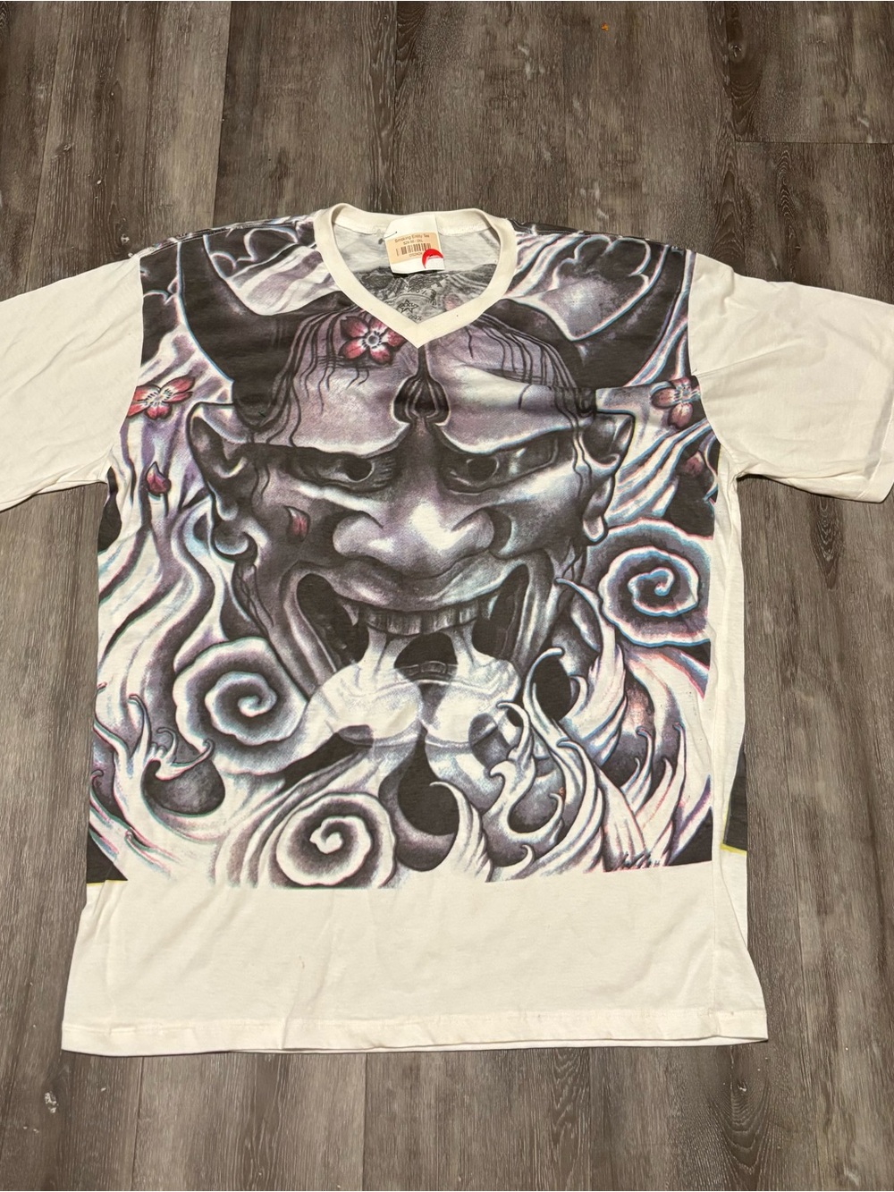 White Graphic Demon Mask V‑Neck Men’s Shirt